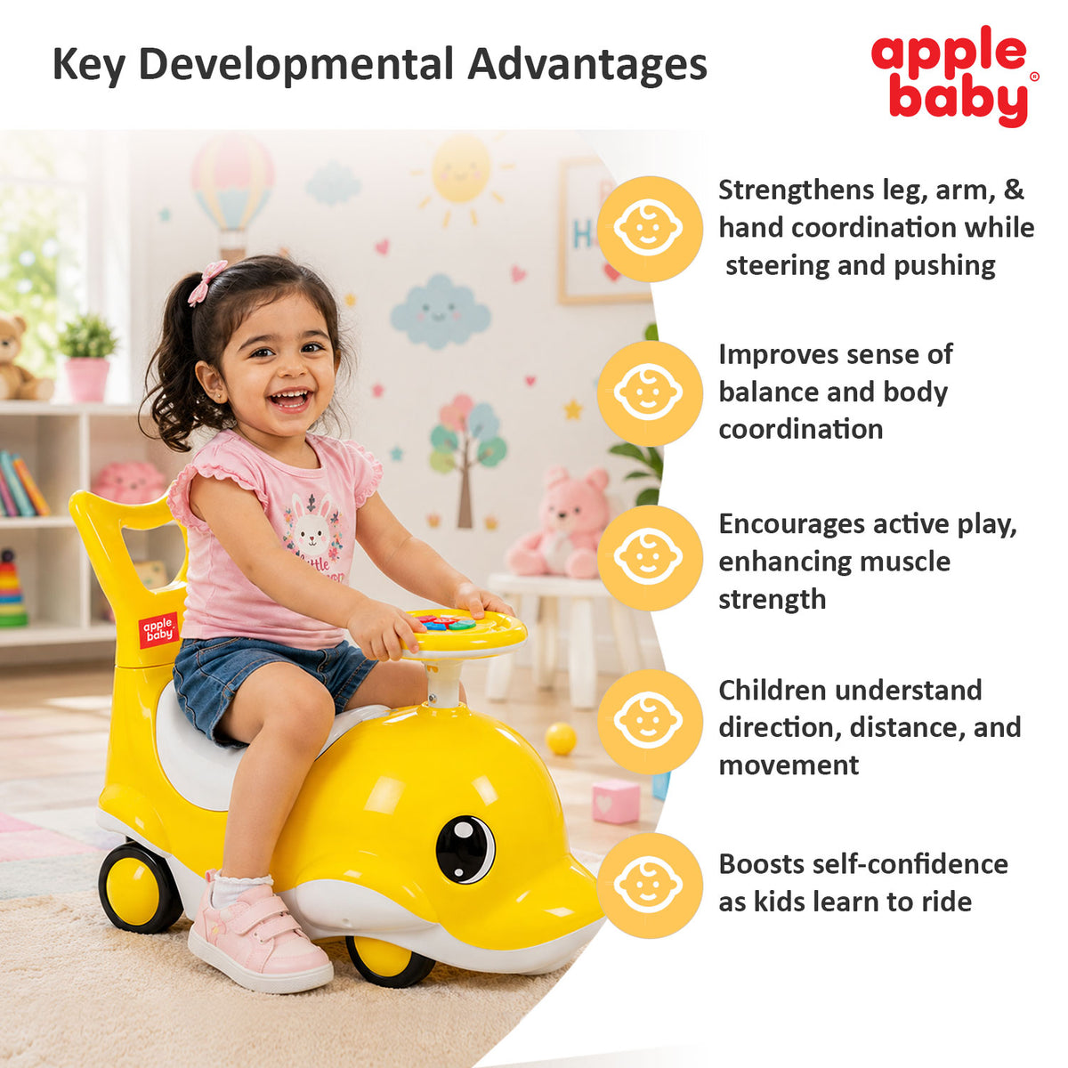 Apple Baby Shark Ride-on Car for Kids 1+ Years | 4-Wheel Balanced Rider | 20 Kg Weight Capacity | Steering Wheel with Music | Safe Indoor & Outdoor Push & Ride Toy for Boys & Girls AR151