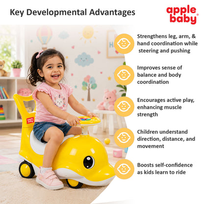 Apple Baby Shark Ride-on Car for Kids 1+ Years | 4-Wheel Balanced Rider | 20 Kg Weight Capacity | Steering Wheel with Music | Safe Indoor & Outdoor Push & Ride Toy for Boys & Girls AR151