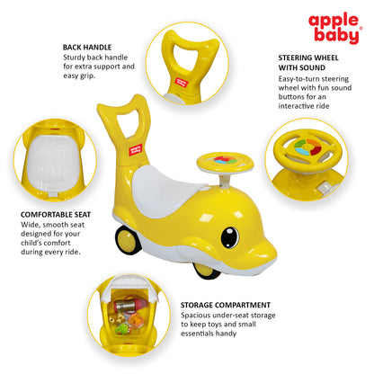 Apple Baby Shark Ride-on Car for Kids 1+ Years | 4-Wheel Balanced Rider | 20 Kg Weight Capacity | Steering Wheel with Music | Safe Indoor & Outdoor Push & Ride Toy for Boys & Girls AR151