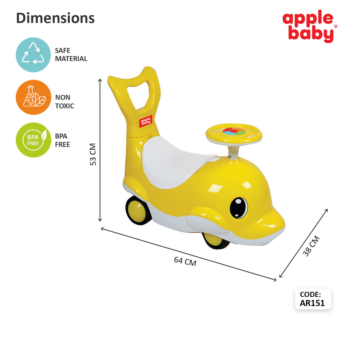 Apple Baby Shark Ride-on Car for Kids 1+ Years | 4-Wheel Balanced Rider | 20 Kg Weight Capacity | Steering Wheel with Music | Safe Indoor & Outdoor Push & Ride Toy for Boys & Girls AR151
