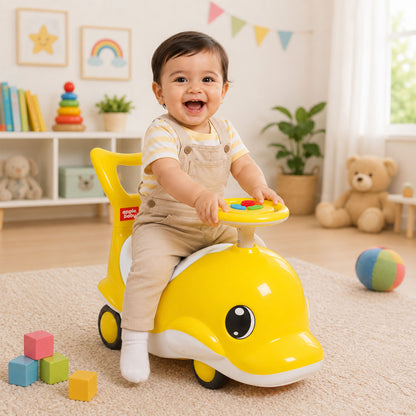 Apple Baby Shark Ride-on Car for Kids 1+ Years | 4-Wheel Balanced Rider | 20 Kg Weight Capacity | Steering Wheel with Music | Safe Indoor & Outdoor Push & Ride Toy for Boys & Girls AR151