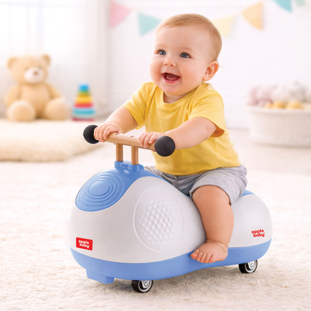 Apple Baby Zoomie Car | 360° Spin Ride-On Toy | Multi-Directional Caster Wheels | Wooden-Style Handle AR154