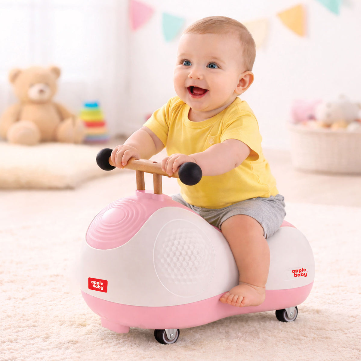 Apple Baby Zoomie Car | 360° Spin Ride-On Toy | Multi-Directional Caster Wheels | Wooden-Style Handle AR154