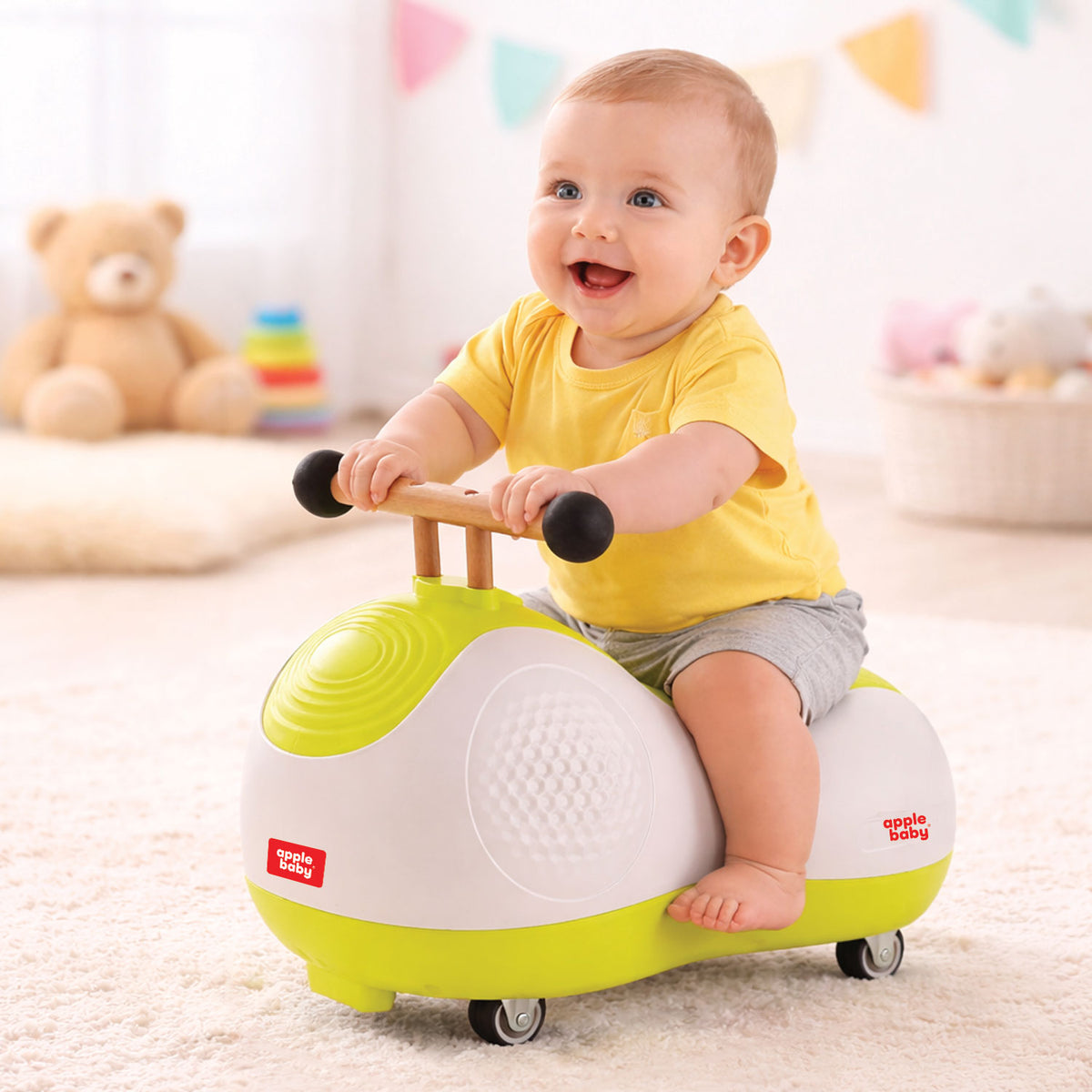 Apple Baby Zoomie Car | 360° Spin Ride-On Toy | Multi-Directional Caster Wheels | Wooden-Style Handle AR154