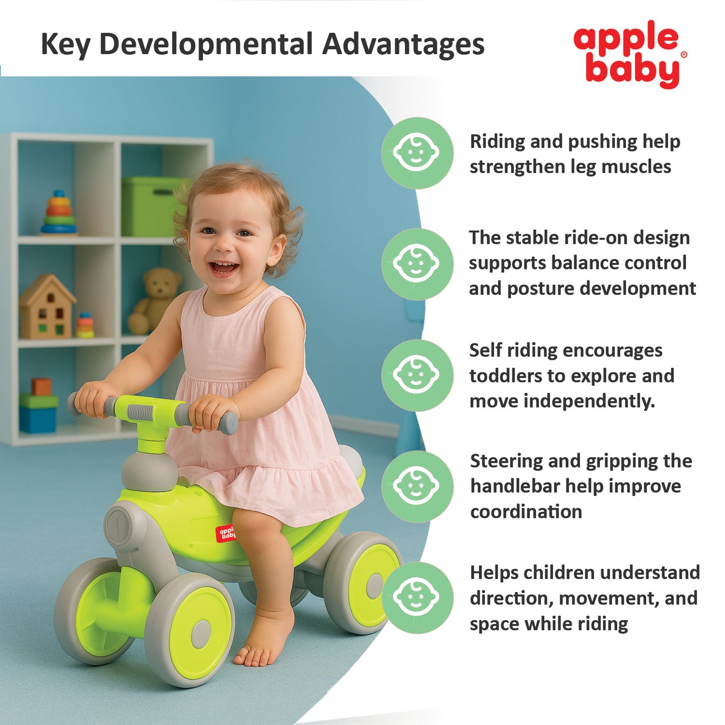 Apple Baby Royal Rider Balance Bike | 4-Wheel Ride-On Toy | First Push Bicycle for Toddlers | Ages 10M - 3YR AR155