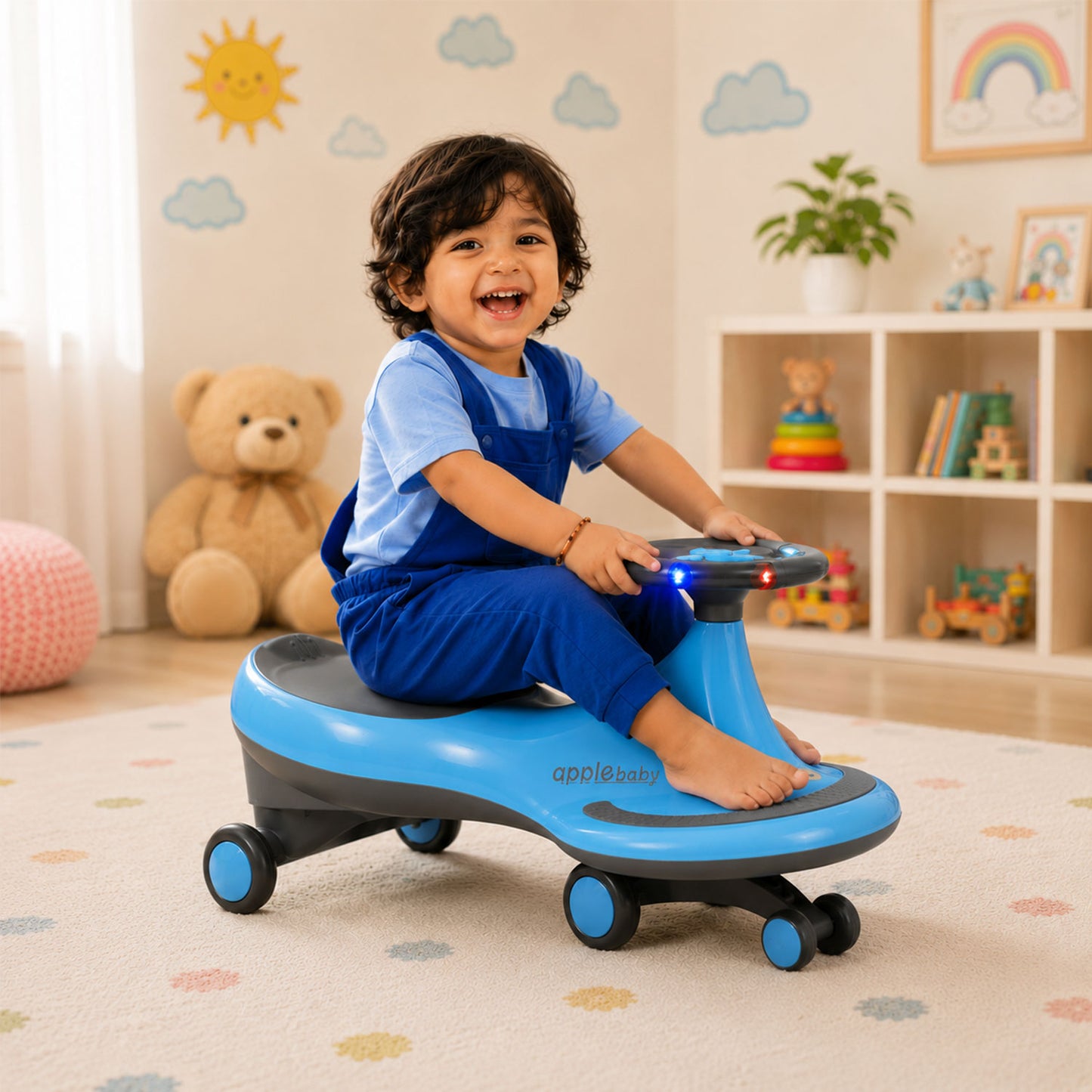Apple Baby Magic Twist Car | Swing Wiggle Ride-On | LED Light & Music Steering Wheel | Silent Wheels BS116