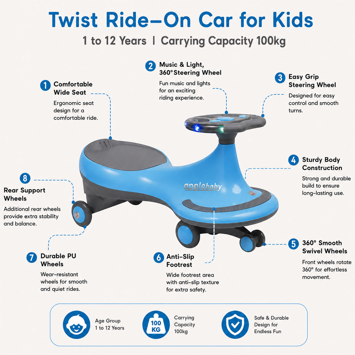 Apple Baby Magic Twist Car | Swing Wiggle Ride-On | LED Light & Music Steering Wheel | Silent Wheels BS116