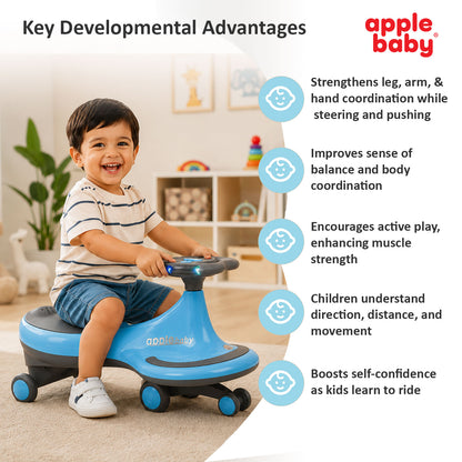 Apple Baby Magic Twist Car | Swing Wiggle Ride-On | LED Light & Music Steering Wheel | Silent Wheels BS116