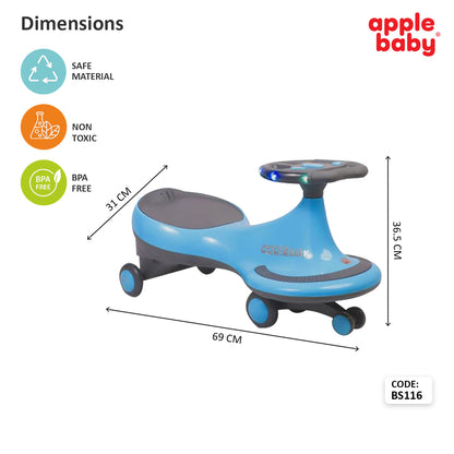 Apple Baby Magic Twist Car | Swing Wiggle Ride-On | LED Light & Music Steering Wheel | Silent Wheels BS116