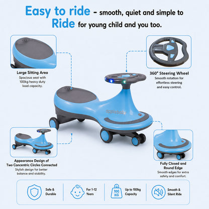 Apple Baby Magic Twist Car | Swing Wiggle Ride-On | LED Light & Music Steering Wheel | Silent Wheels BS116
