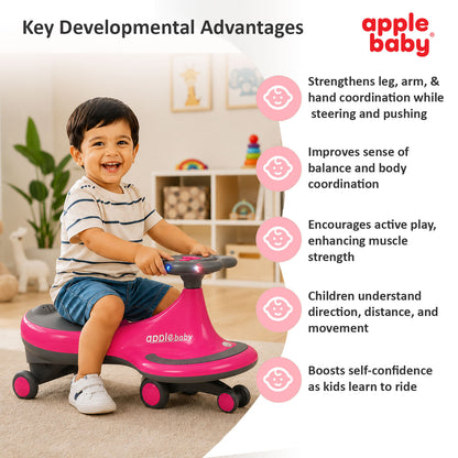 Apple Baby Magic Twist Car | Swing Wiggle Ride-On | LED Light & Music Steering Wheel | Silent Wheels BS116