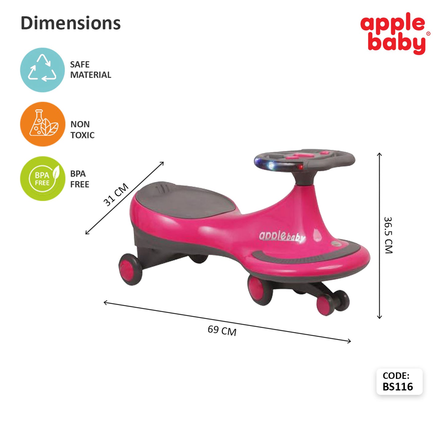 Apple Baby Magic Twist Car | Swing Wiggle Ride-On | LED Light & Music Steering Wheel | Silent Wheels BS116