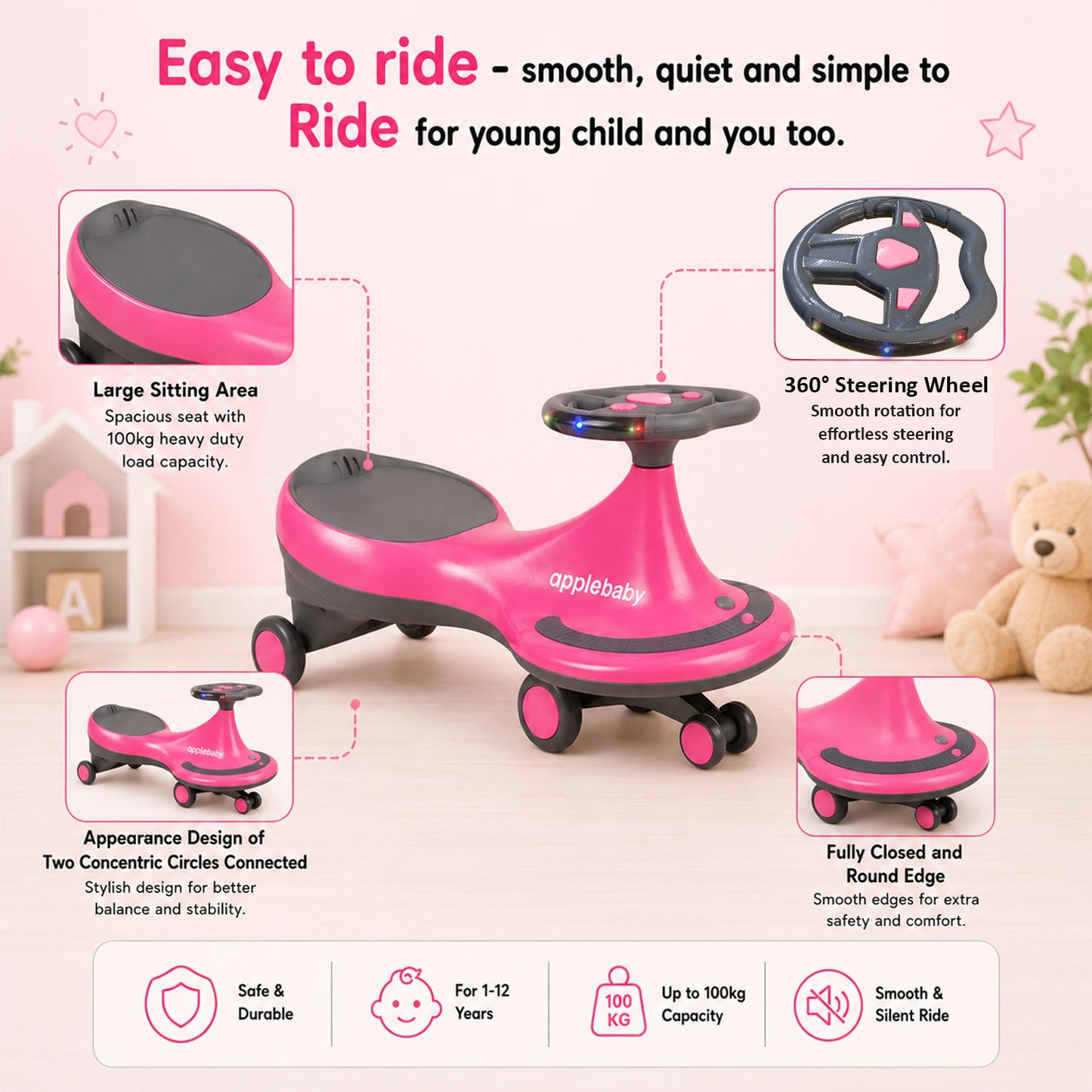 Apple Baby Magic Twist Car | Swing Wiggle Ride-On | LED Light & Music Steering Wheel | Silent Wheels BS116