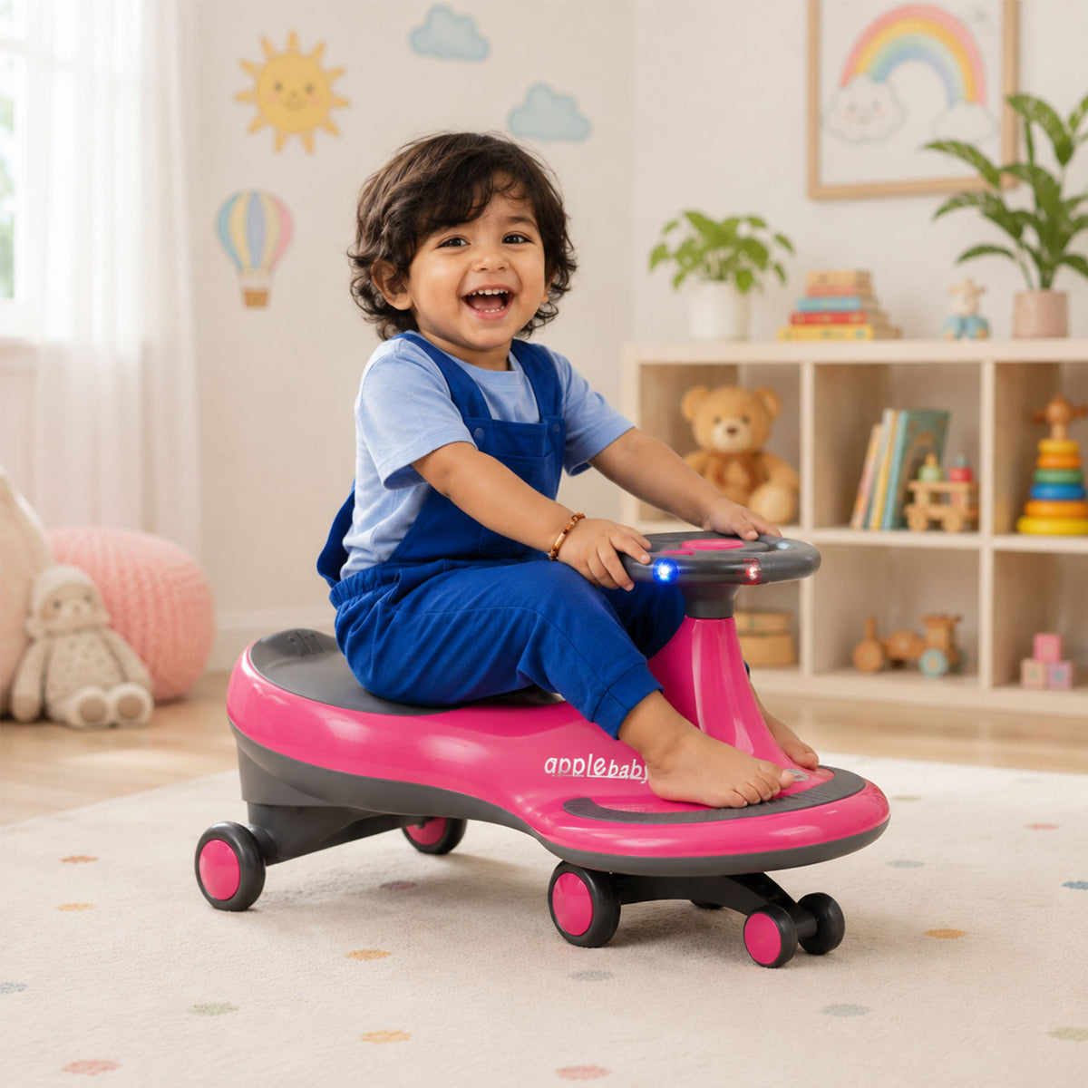 Apple Baby Magic Twist Car | Swing Wiggle Ride-On | LED Light & Music Steering Wheel | Silent Wheels BS116