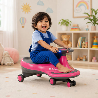 Apple Baby Magic Twist Car | Swing Wiggle Ride-On | LED Light & Music Steering Wheel | Silent Wheels BS116