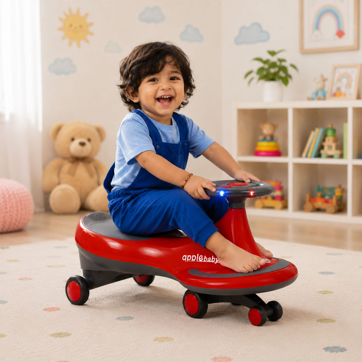 Apple Baby Magic Twist Car | Swing Wiggle Ride-On | LED Light & Music Steering Wheel | Silent Wheels BS116