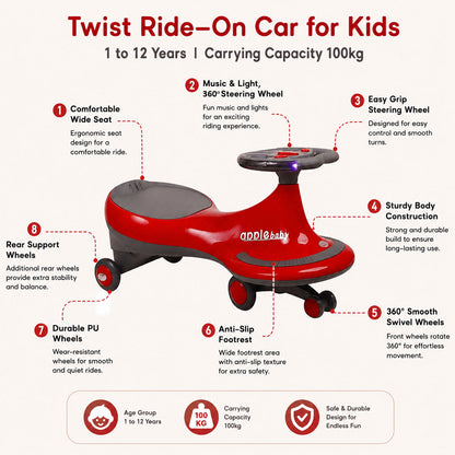 Apple Baby Magic Twist Car | Swing Wiggle Ride-On | LED Light & Music Steering Wheel | Silent Wheels BS116