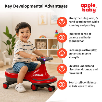 Apple Baby Magic Twist Car | Swing Wiggle Ride-On | LED Light & Music Steering Wheel | Silent Wheels BS116