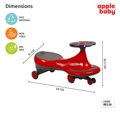 Apple Baby Magic Twist Car | Swing Wiggle Ride-On | LED Light & Music Steering Wheel | Silent Wheels BS116