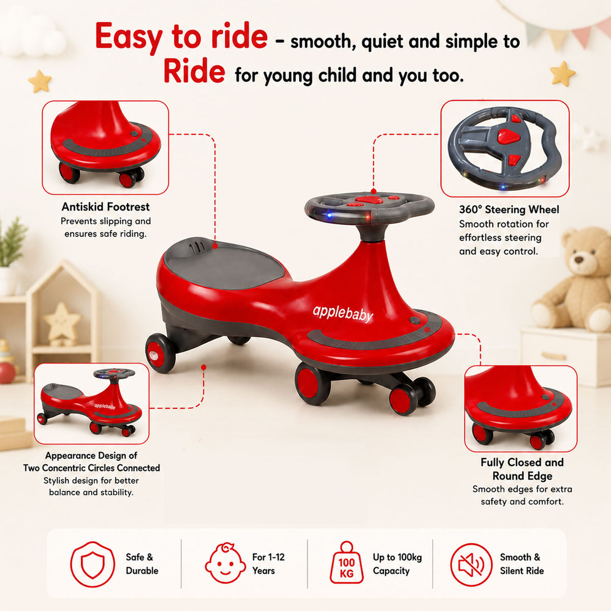 Apple Baby Magic Twist Car | Swing Wiggle Ride-On | LED Light & Music Steering Wheel | Silent Wheels BS116