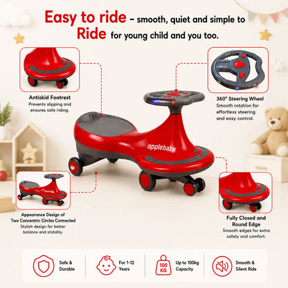 Apple Baby Magic Twist Car | Swing Wiggle Ride-On | LED Light & Music Steering Wheel | Silent Wheels BS116