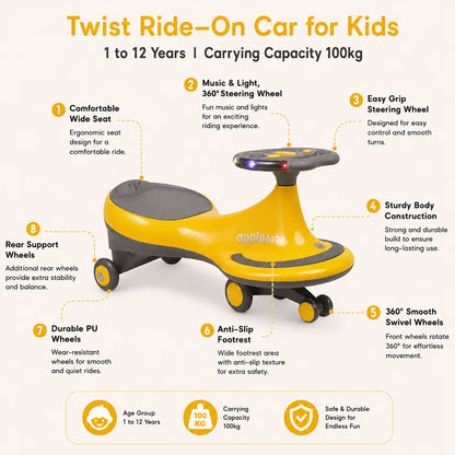 Apple Baby Magic Twist Car | Swing Wiggle Ride-On | LED Light & Music Steering Wheel | Silent Wheels BS116