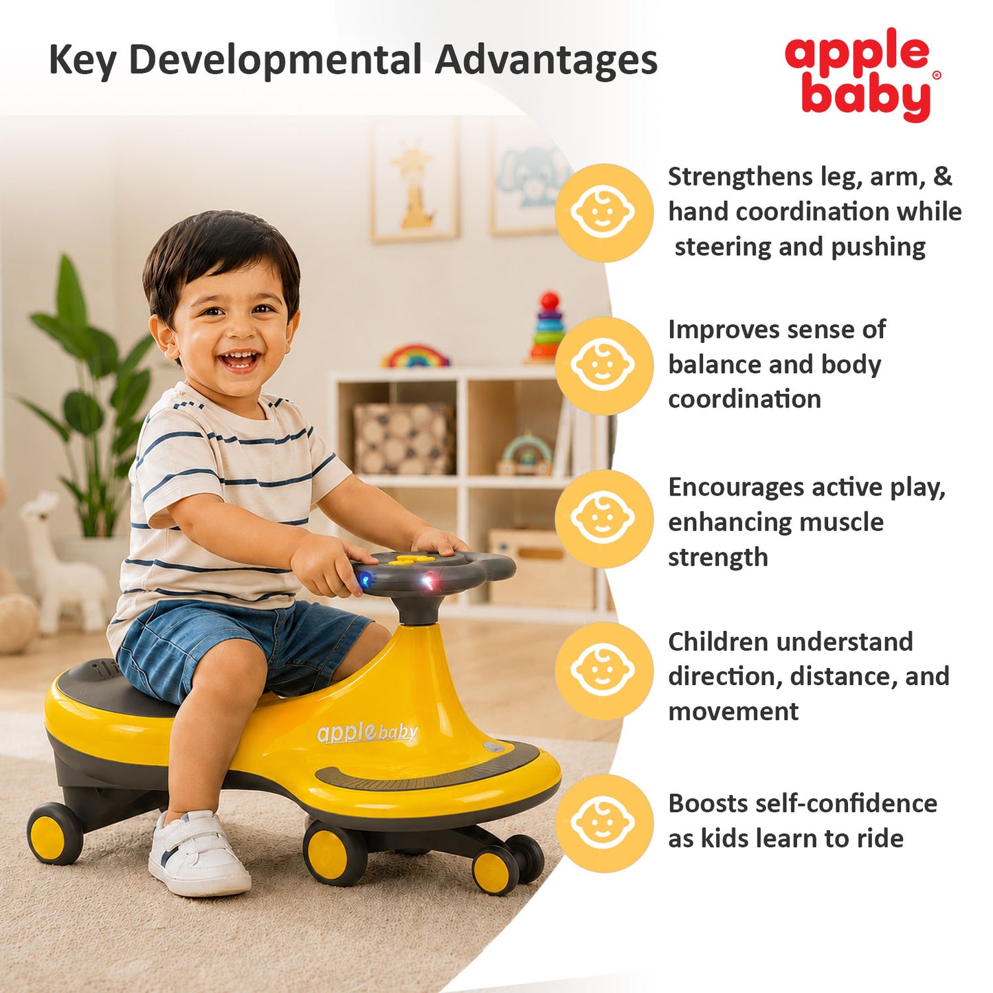 Apple Baby Magic Twist Car | Swing Wiggle Ride-On | LED Light & Music Steering Wheel | Silent Wheels BS116