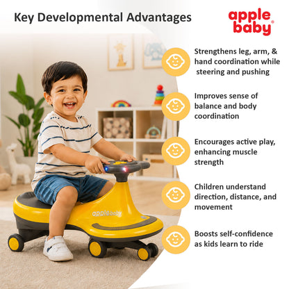 Apple Baby Magic Twist Car | Swing Wiggle Ride-On | LED Light & Music Steering Wheel | Silent Wheels BS116