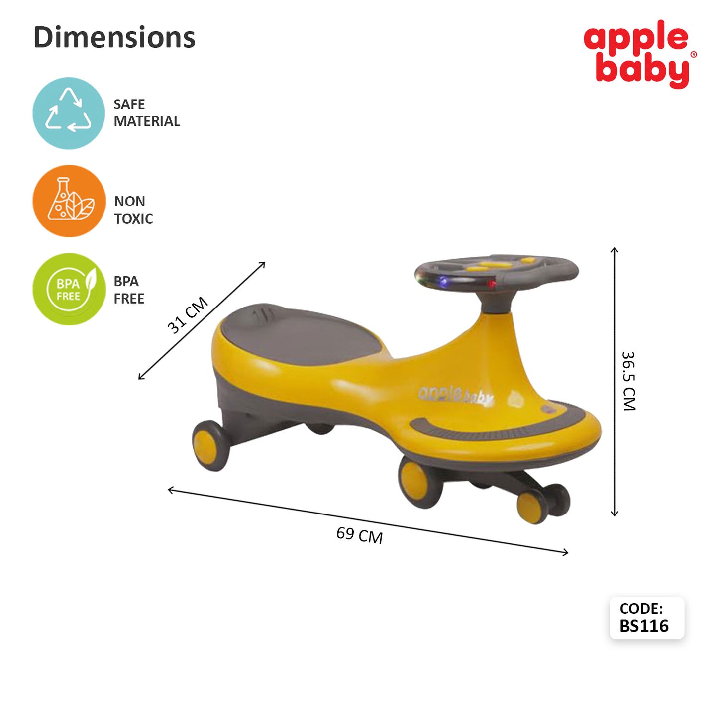 Apple Baby Magic Twist Car | Swing Wiggle Ride-On | LED Light & Music Steering Wheel | Silent Wheels BS116