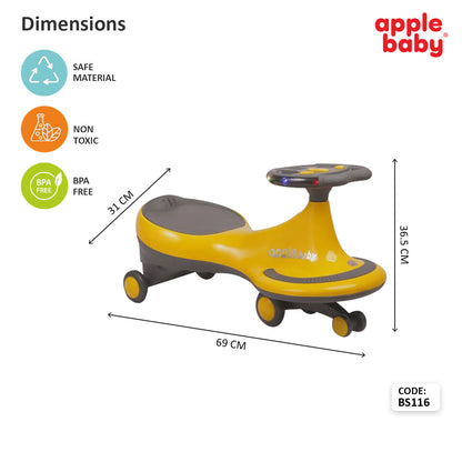 Apple Baby Magic Twist Car | Swing Wiggle Ride-On | LED Light & Music Steering Wheel | Silent Wheels BS116