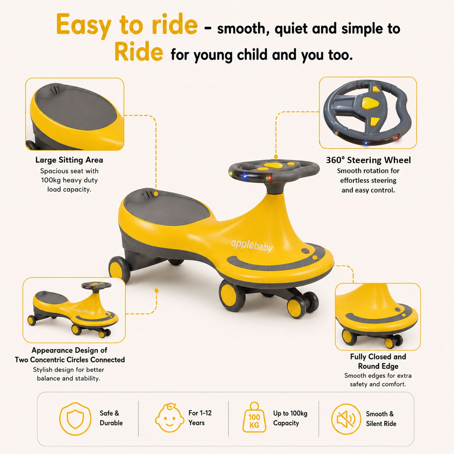 Apple Baby Magic Twist Car | Swing Wiggle Ride-On | LED Light & Music Steering Wheel | Silent Wheels BS116