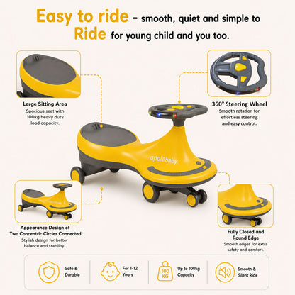 Apple Baby Magic Twist Car | Swing Wiggle Ride-On | LED Light & Music Steering Wheel | Silent Wheels BS116