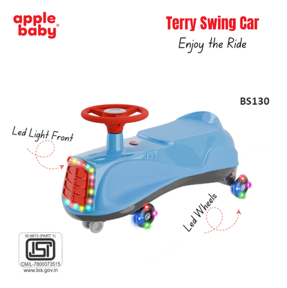 Apple Baby Terry Swing Car | LED Light-Up Grille & Wheels | Musical Twist Ride-On Toy | Ages 3+