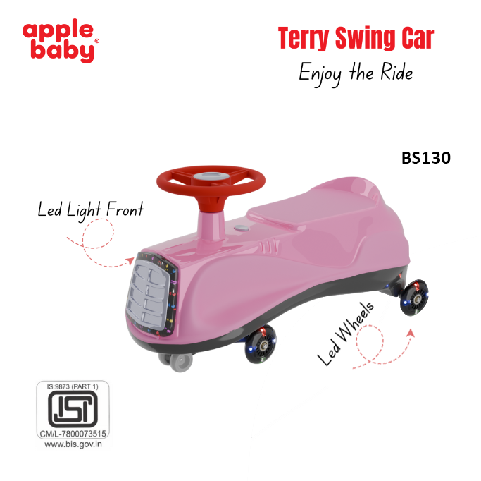 Apple Baby Terry Swing Car | LED Light-Up Grille & Wheels | Musical Twist Ride-On Toy | Ages 3+