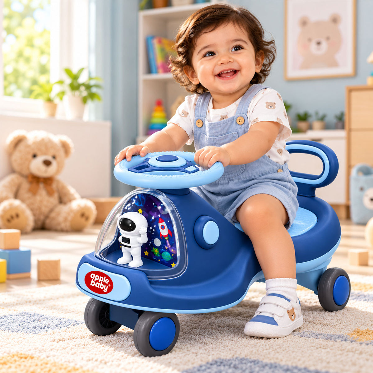 Apple Baby Star Twist Ride-on Car for Kids 1–12 Years | LED Lights & Music | PU Wheels | Comfortable Seat,100 Kgs Weight Capacity | Safe Indoor Outdoor Ride-on Toy for Boys & Girls BS136