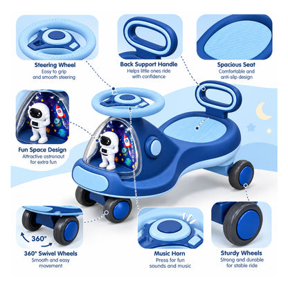 Apple Baby Star Twist Ride-on Car for Kids 1–12 Years | LED Lights & Music | PU Wheels | Comfortable Seat,100 Kgs Weight Capacity | Safe Indoor Outdoor Ride-on Toy for Boys & Girls BS136