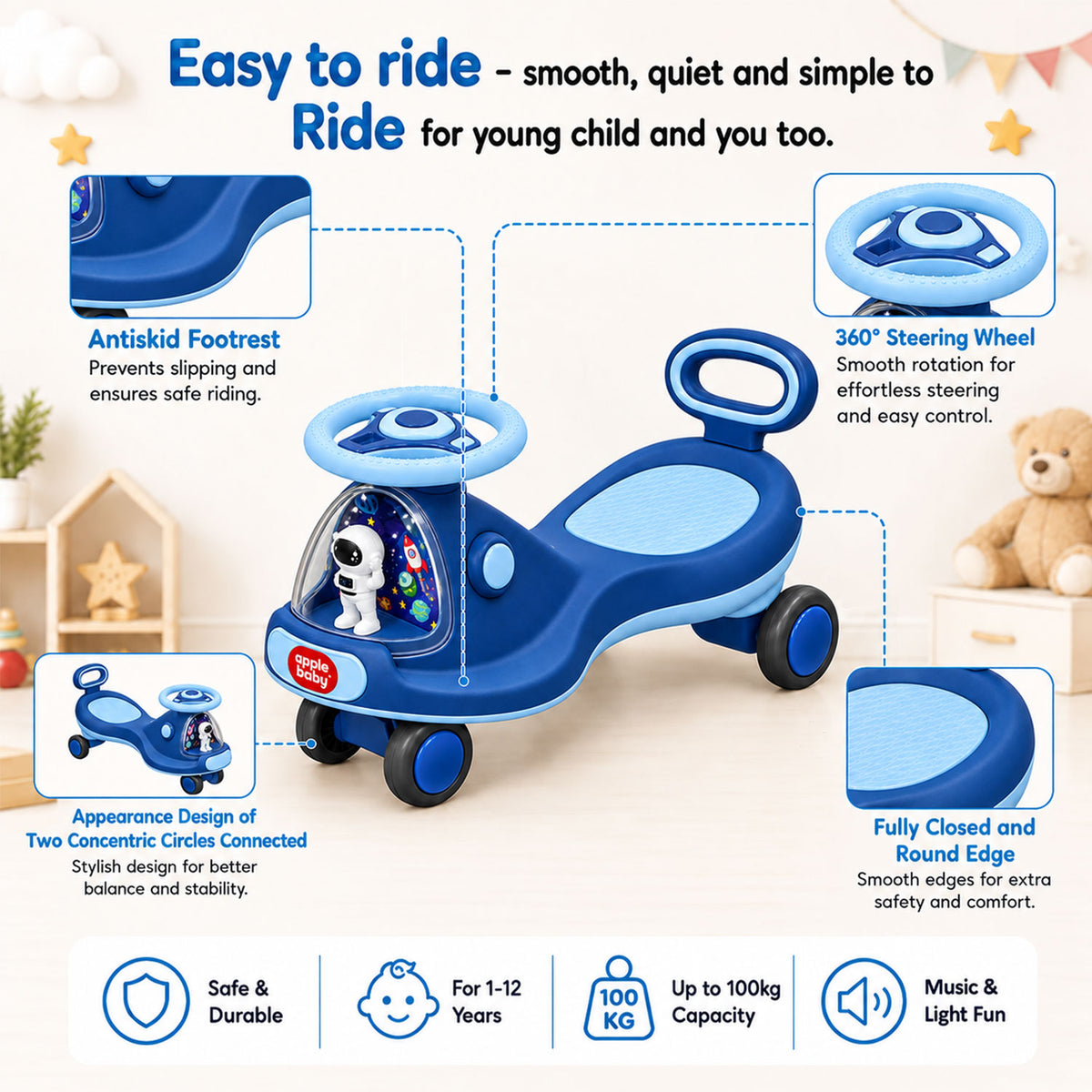Apple Baby Star Twist Ride-on Car for Kids 1–12 Years | LED Lights & Music | PU Wheels | Comfortable Seat,100 Kgs Weight Capacity | Safe Indoor Outdoor Ride-on Toy for Boys & Girls BS136