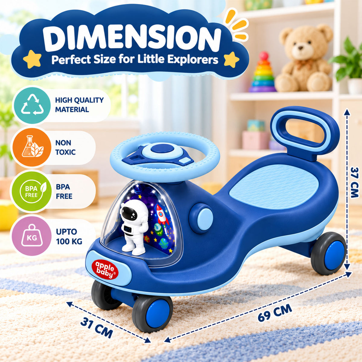 Apple Baby Star Twist Ride-on Car for Kids 1–12 Years | LED Lights & Music | PU Wheels | Comfortable Seat,100 Kgs Weight Capacity | Safe Indoor Outdoor Ride-on Toy for Boys & Girls BS136