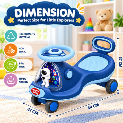 Apple Baby Star Twist Ride-on Car for Kids 1–12 Years | LED Lights & Music | PU Wheels | Comfortable Seat,100 Kgs Weight Capacity | Safe Indoor Outdoor Ride-on Toy for Boys & Girls BS136
