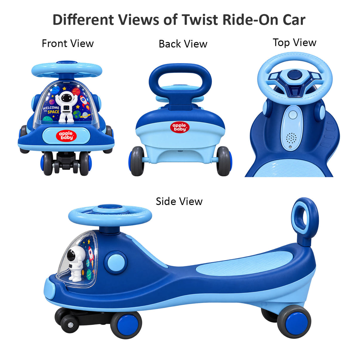 Apple Baby Star Twist Ride-on Car for Kids 1–12 Years | LED Lights & Music | PU Wheels | Comfortable Seat,100 Kgs Weight Capacity | Safe Indoor Outdoor Ride-on Toy for Boys & Girls BS136