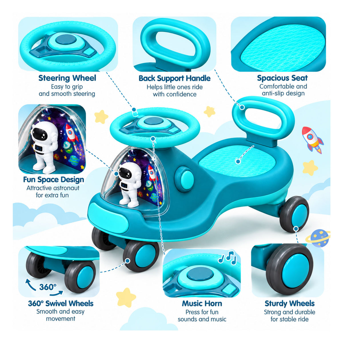 Apple Baby Star Twist Ride-on Car for Kids 1–12 Years | LED Lights & Music | PU Wheels | Comfortable Seat,100 Kgs Weight Capacity | Safe Indoor Outdoor Ride-on Toy for Boys & Girls BS136