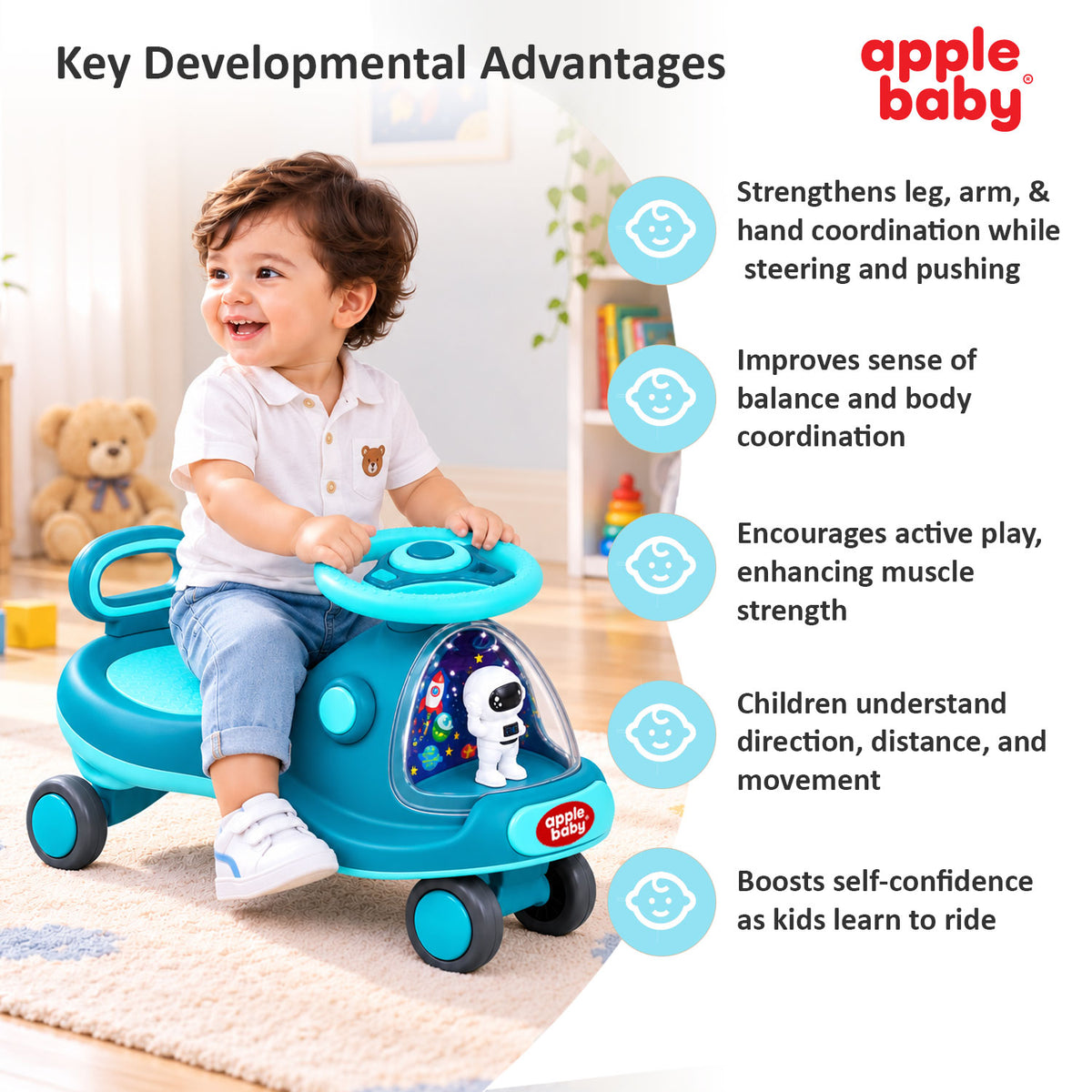 Apple Baby Star Twist Ride-on Car for Kids 1–12 Years | LED Lights & Music | PU Wheels | Comfortable Seat,100 Kgs Weight Capacity | Safe Indoor Outdoor Ride-on Toy for Boys & Girls BS136