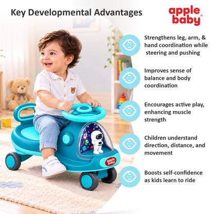 Apple Baby Star Twist Ride-on Car for Kids 1–12 Years | LED Lights & Music | PU Wheels | Comfortable Seat,100 Kgs Weight Capacity | Safe Indoor Outdoor Ride-on Toy for Boys & Girls BS136