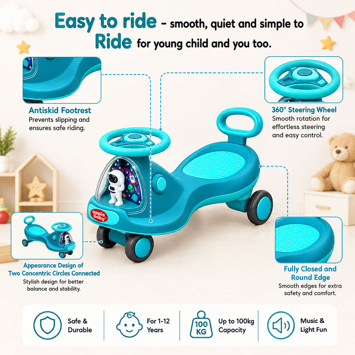 Apple Baby Star Twist Ride-on Car for Kids 1–12 Years | LED Lights & Music | PU Wheels | Comfortable Seat,100 Kgs Weight Capacity | Safe Indoor Outdoor Ride-on Toy for Boys & Girls BS136
