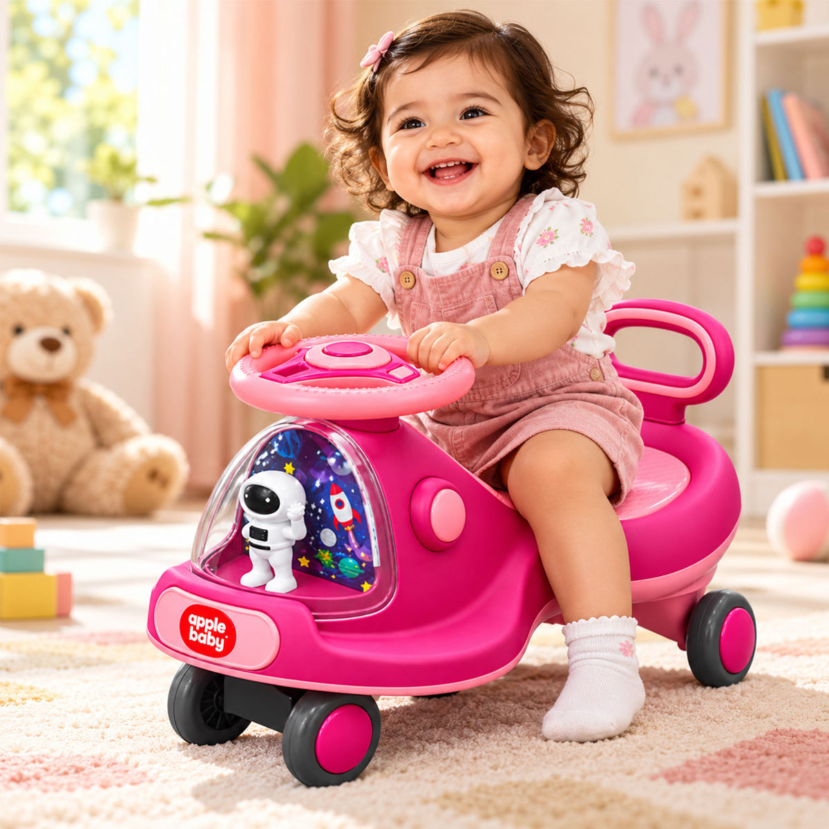 Apple Baby Star Twist Ride-on Car for Kids 1–12 Years | LED Lights & Music | PU Wheels | Comfortable Seat,100 Kgs Weight Capacity | Safe Indoor Outdoor Ride-on Toy for Boys & Girls BS136