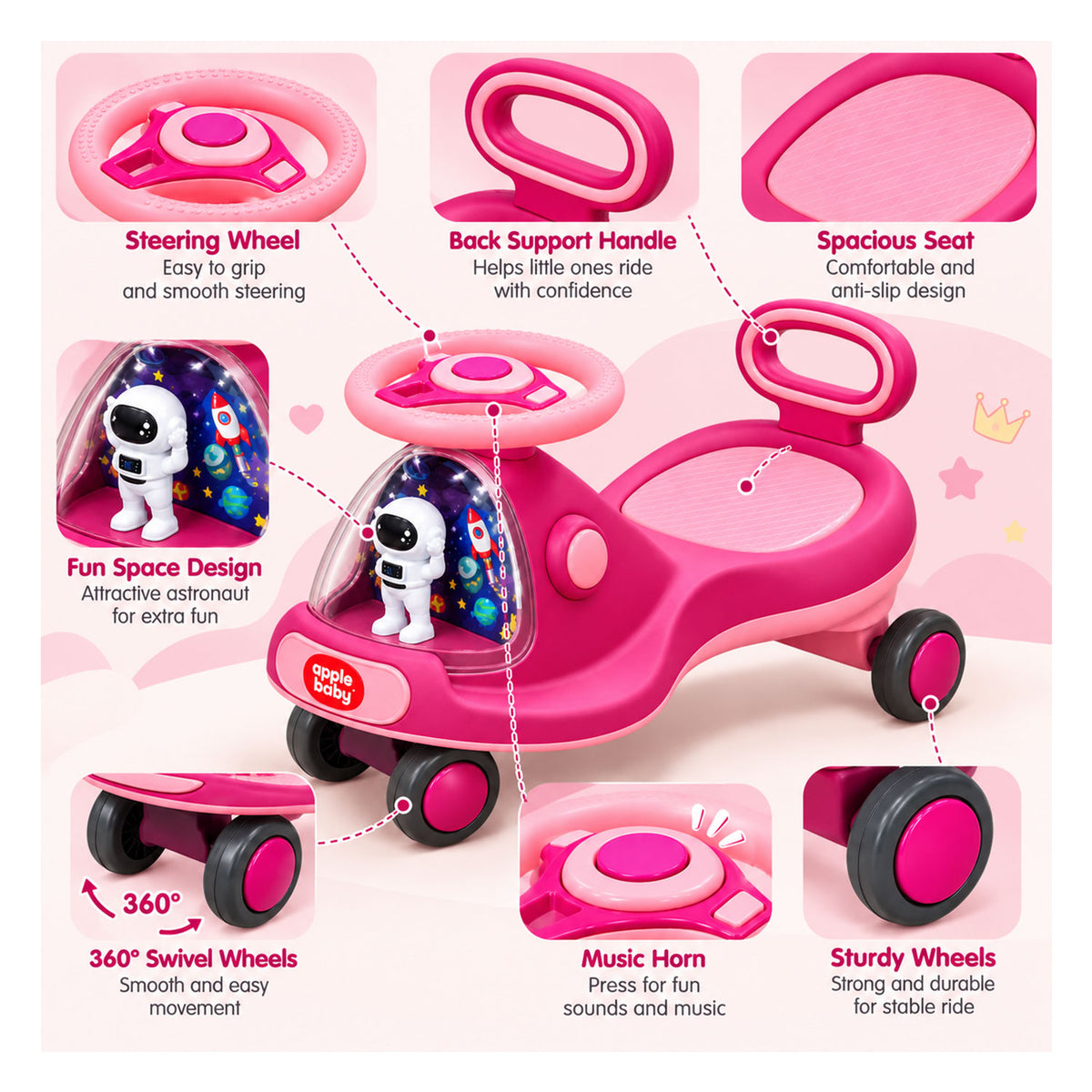Apple Baby Star Twist Ride-on Car for Kids 1–12 Years | LED Lights & Music | PU Wheels | Comfortable Seat,100 Kgs Weight Capacity | Safe Indoor Outdoor Ride-on Toy for Boys & Girls BS136