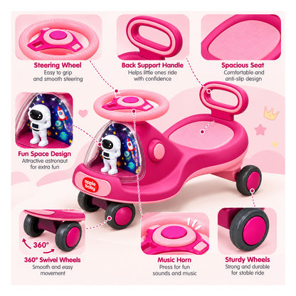 Apple Baby Star Twist Ride-on Car for Kids 1–12 Years | LED Lights & Music | PU Wheels | Comfortable Seat,100 Kgs Weight Capacity | Safe Indoor Outdoor Ride-on Toy for Boys & Girls BS136