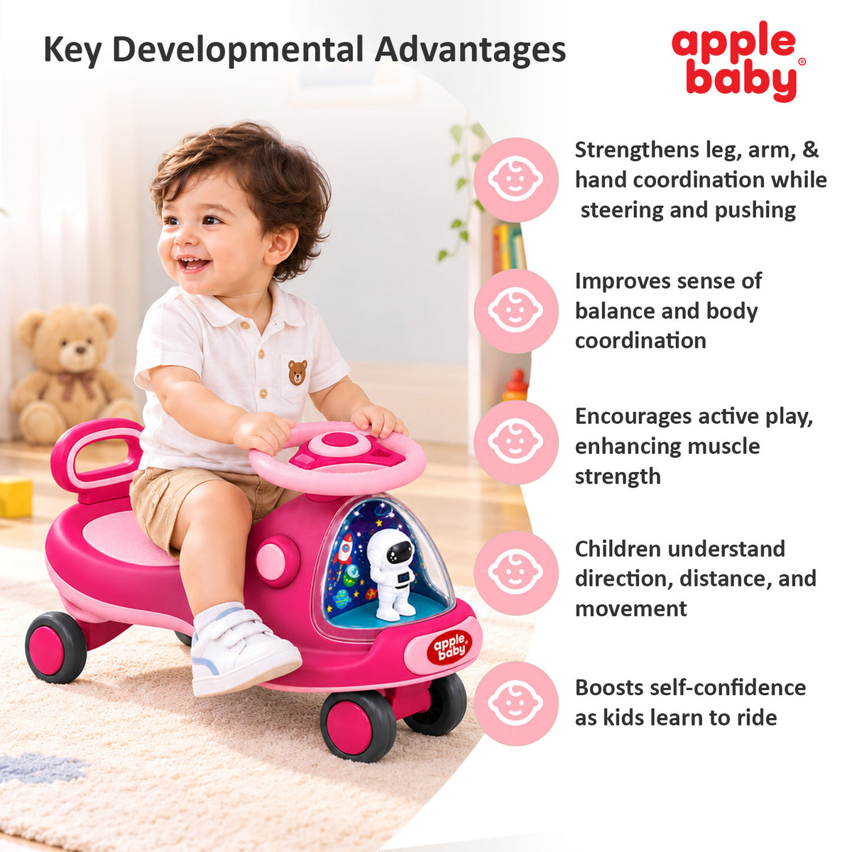 Apple Baby Star Twist Ride-on Car for Kids 1–12 Years | LED Lights & Music | PU Wheels | Comfortable Seat,100 Kgs Weight Capacity | Safe Indoor Outdoor Ride-on Toy for Boys & Girls BS136