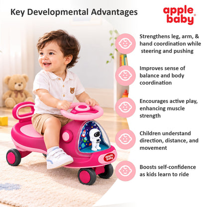 Apple Baby Star Twist Ride-on Car for Kids 1–12 Years | LED Lights & Music | PU Wheels | Comfortable Seat,100 Kgs Weight Capacity | Safe Indoor Outdoor Ride-on Toy for Boys & Girls BS136