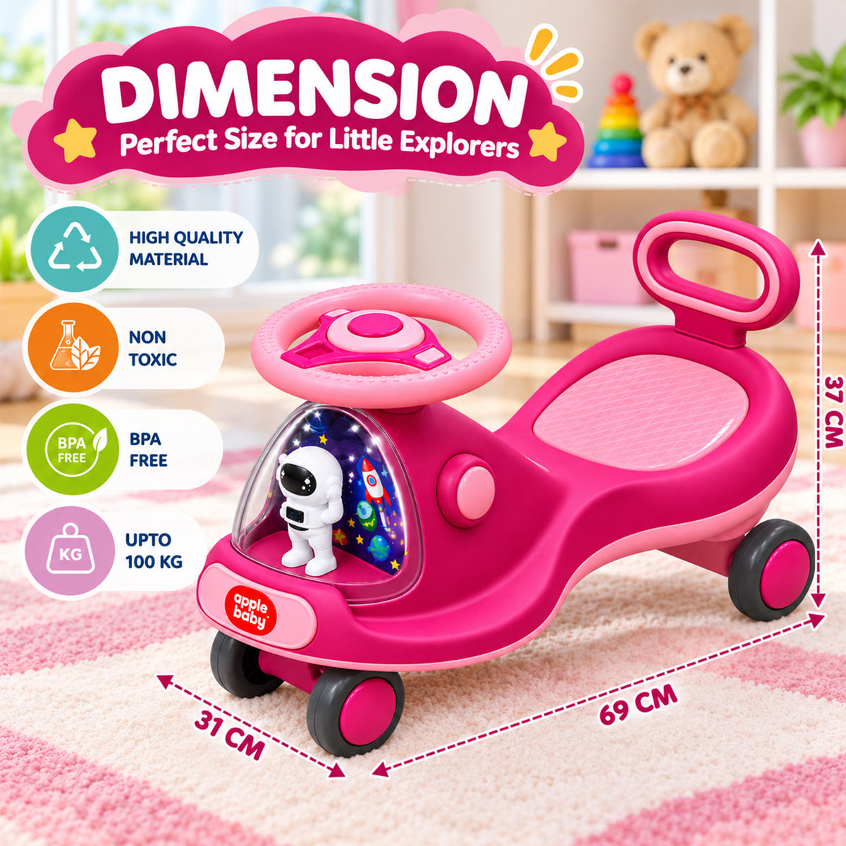 Apple Baby Star Twist Ride-on Car for Kids 1–12 Years | LED Lights & Music | PU Wheels | Comfortable Seat,100 Kgs Weight Capacity | Safe Indoor Outdoor Ride-on Toy for Boys & Girls BS136